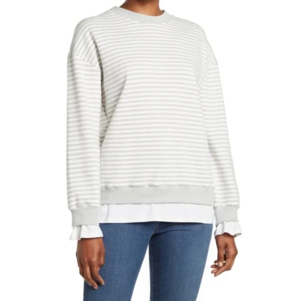 NWT Nordstrom Cali Be Layered Gray and White Striped Oversized Sweatshirt Size